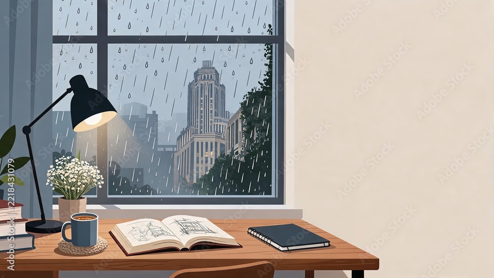 Fototapeta premium Cozy indoor study scene with black lamp illuminating wooden desk and rainy city view through window