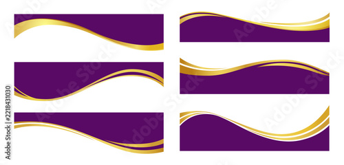 Letterhead waves with purple and gold borders, business certificate violet footers and dividers. Vector set of elegant curved bands with golden lines for corporate document headers, banners, layouts