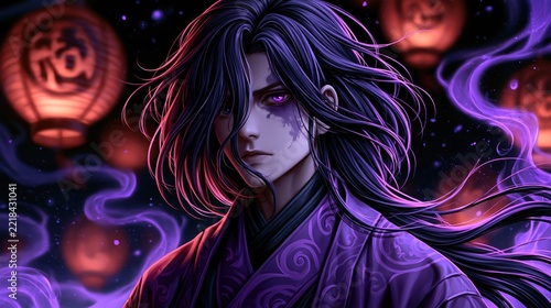 Mysterious figure with long purple hair and piercing eyes, adorned in a traditional purple robe, surrounded by glowing lanterns and ethereal smoke