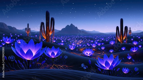 A surreal desert landscape at night, illuminated by glowing blue lotus flowers and towering saguaro cacti with illuminated trunks, under a starry sky