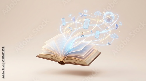 Open book with glowing digital network symbols representing modern e-learning and online education concept