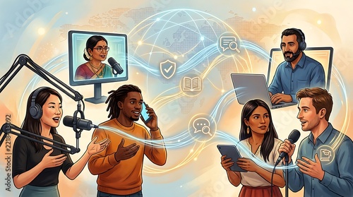 Diverse people connecting globally through digital media, online podcasting, and virtual communication illustration