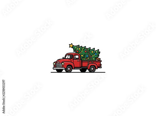 Red Vintage Pickup Truck Carrying Decorated Christmas Tree In Open Bed Vector Illustration