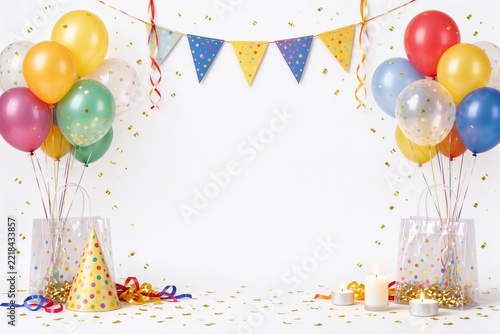 Party Decorations with Colorful Balloons Triangle Banner Gold Confetti Hat and Candles