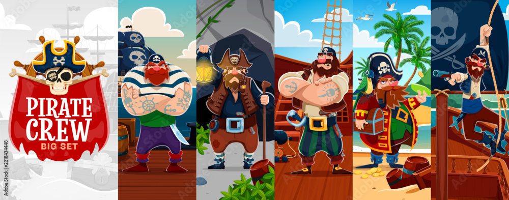 Naklejka premium Cartoon sail ship crew member corsair and pirate characters collage. Vector buccaneer personages with tricorn hats, beards, swords, hook, treasure chest and parrot aboard vessels, on tropical shore