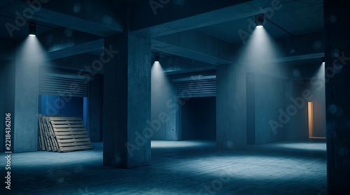 Industrial warehouse interior with blue-toned lighting and wooden pallets against concrete walls for storage and logistics