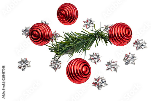 Christmas ornaments with pine garland and silver bows isolated PNG