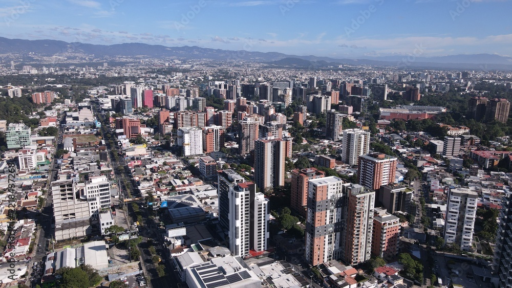 Fototapeta premium Aerial view of guatemala city skyline zona 10 drone shot.