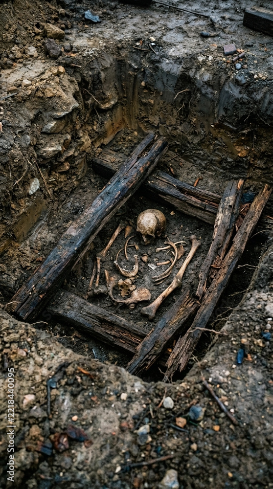 Fototapeta premium Human Skeleton Unearthed in Ancient Wooden Coffin During Archaeological Dig