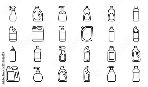 Household Cleaning Product Bottle Outline Icon Set Vector Collection