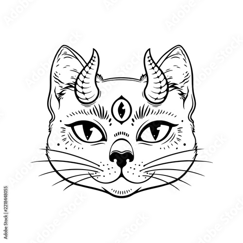 Mystic Demon Cat Face with Horns and Third Eye
