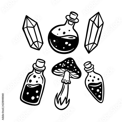 Witchcraft Magic Potion Bottles Crystals Mushroom Set