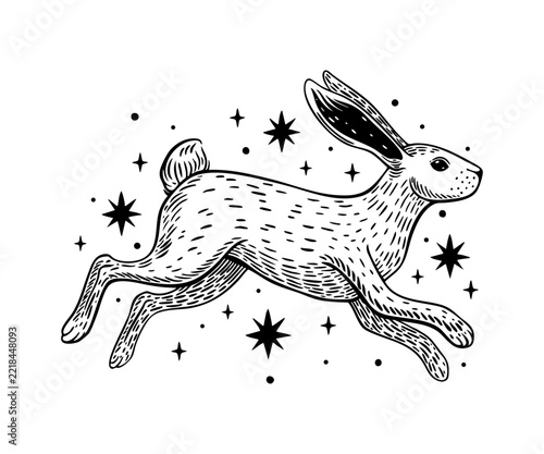 Celestial Running Hare Rabbit with Stars Vector Art