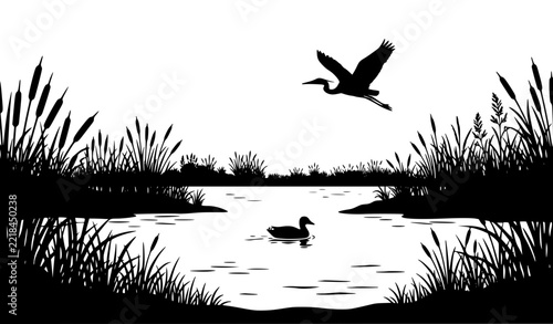 Wetland Wildlife Scene with Flying Heron Duck and Reeds Silhouette Vector