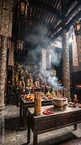Traditional Buddhist Temple Altar with Incense Smoke and Offerings