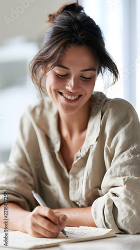 Focused Creativity: A young woman with her hair tied up, wearing a casual beige shirt, smiles contentedly as she writes in a notebook with a pen in her hand.