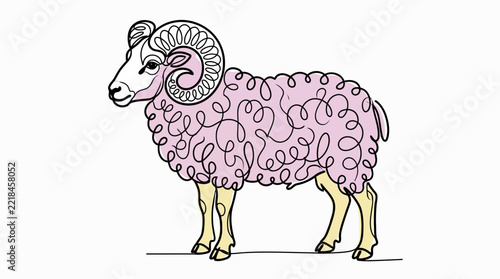 Stylized Ram Illustration with Pink Curly Wool and Ornate Horns, Side View Vector Graphic on White