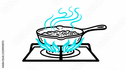 Stylized line art illustration of a frying pan with steaming food cooking on a gas stovetop burner with blue flames. Food preparation concept.