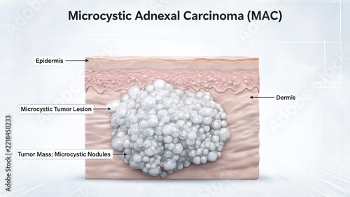 Microcystic Adnexal Carcinoma MAC 3D dermatology illustration, skin tissue cross-section with microcystic tumor nodules in dermis layer