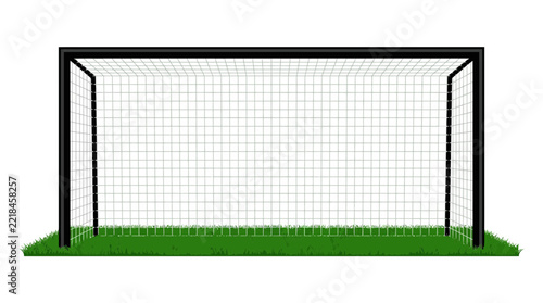 Soccer goal net on green grass field vector illustration. Football sport equipment for game, play, and scoring.
