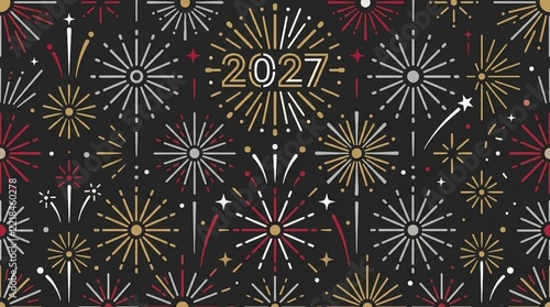 2027 New Year Celebration Design With Golden And Red Fireworks Pattern On Dark Grey Background