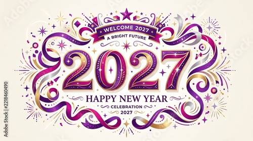 Elegant Happy New Year Two Thousand Twenty Seven Typographic Design With Purple And Gold Festive Ribbons On Cream Background