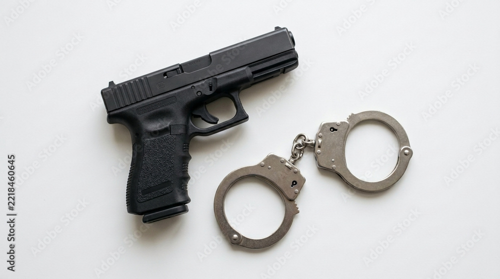 Fototapeta premium Close up of a black handgun and metal handcuffs on a white background symbolizing crime justice and law enforcement