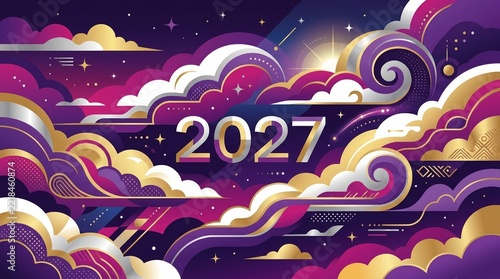 Abstract Future Year Background With Stylized Swirling Clouds In Purple Gold And Pink Colors