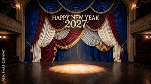 Grand Theater Stage Decorated With Happy New Year 2027 Signage And Elegant Red And Blue Curtains