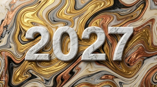 Three Dimensional White Marble Twenty Twenty Seven Text Over Luxurious Gold And Black Liquid Swirl Texture Background