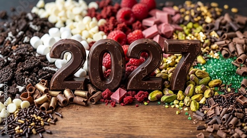 2027 Chocolate Numbers Surrounded By Confectionery Toppings And Fresh Raspberries On Wood Surface