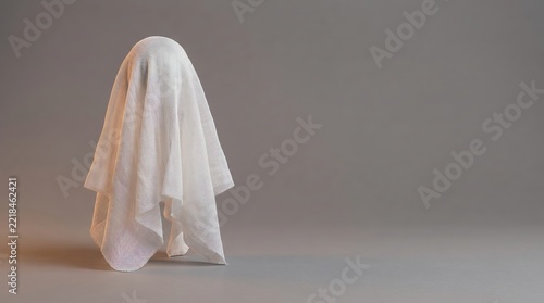 A mysterious Halloween ghost draped in a flowing white sheet stands on a reflective surface against a plain background, evoking a spooky and eerie atmosphere perfect for holiday themes