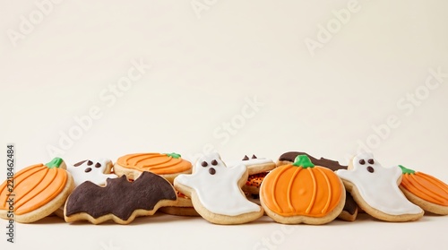 Assorted Halloween themed sugar cookies with icing in shapes of pumpkins, ghostly figures, and bats on a light background