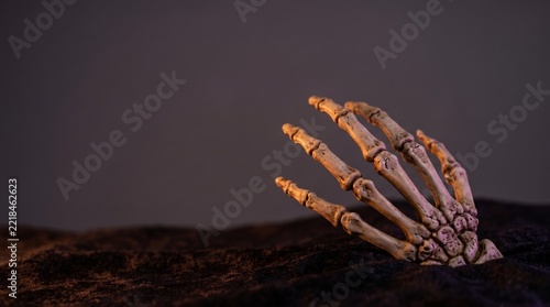 A skeletal hand emerges from dark earth, symbolizing death and mystery in a haunting scene