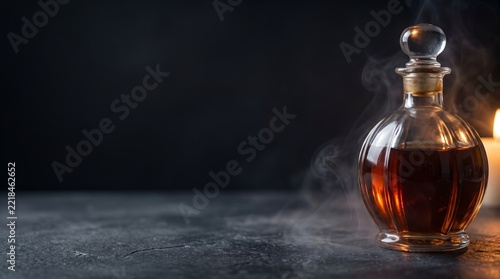 Vintage glass bottle with dark amber whiskey or potion on a smoky dark background