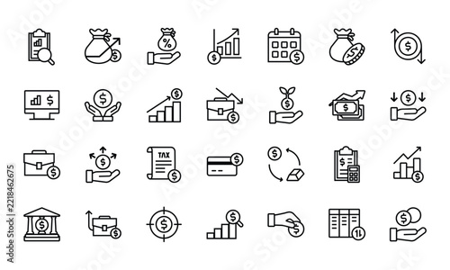 Outline icons set for income growth financial planning investment revenue accounting and business monetization