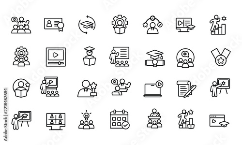 Corporate training, online learning, and business coaching icon collection featuring presentation, webinar, mentoring, certification, and career growth symbols
