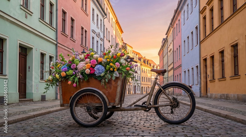 Electric cargo delivery bike with flower filled basket parked on cobblestone street between colorful historic buildings at sunset, eco friendly city transport concept