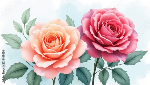 Two blooming roses, one peach and one pink, with green leaves on a light blue watercolor wash