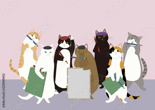 デッサンを描く7匹の猫