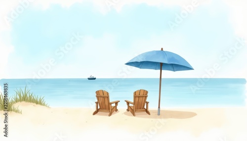 Two wooden beach chairs under a blue umbrella on a sandy shore with a distant ship on the ocean