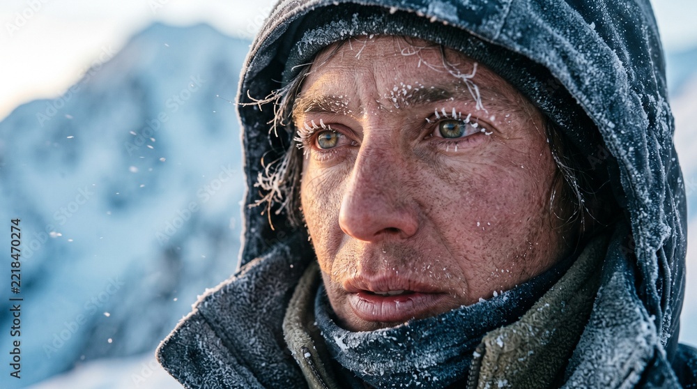 Fototapeta premium Exhausted Mountain Climber with Frosted Face at High Altitude