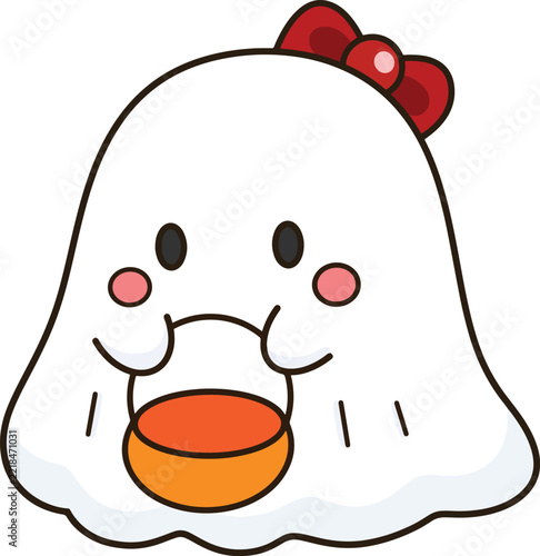 Cute ghost red bow holding pumpkin basket halloween trick or treat cartoon sticker