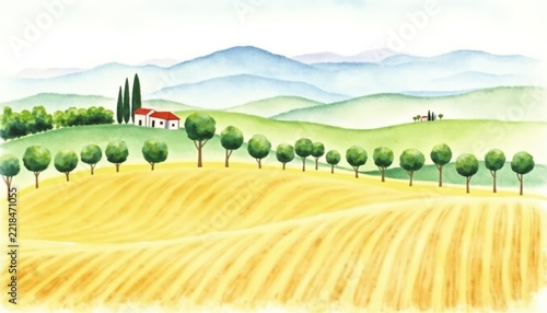 Watercolor landscape of rolling hills with golden wheat fields and a small house among the