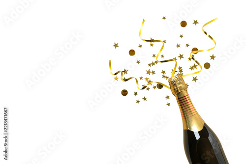 Christmas. Champagne bottle pops open, releasing sparkling liquid and golden confetti, PNG