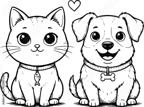 Cat vector sketch smiling beside a happy puppy with coloring