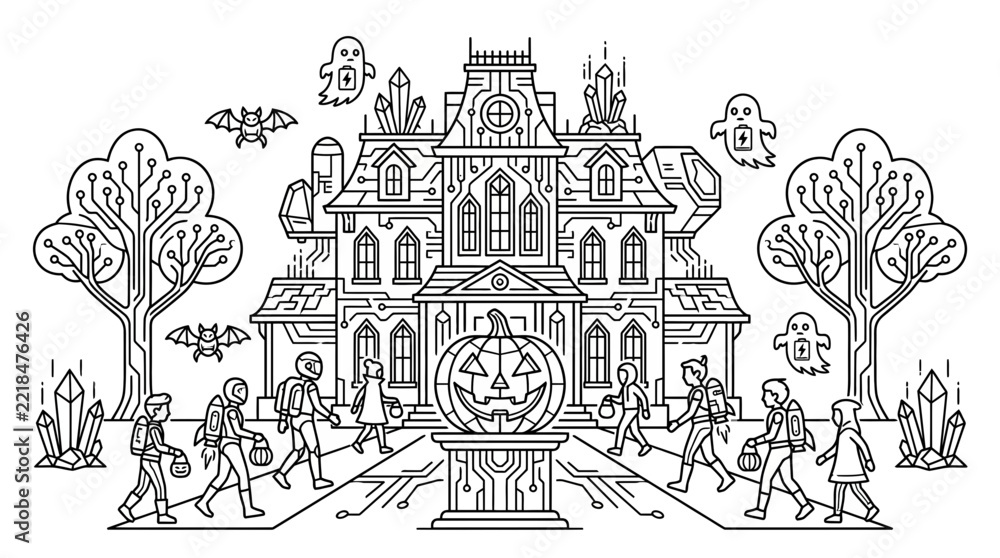 Obraz premium Futuristic cyberpunk haunted house with trick or treaters line art