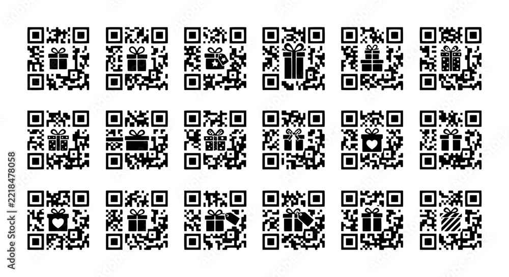 Fototapeta premium 25 Gift Box QR Code Icons, Festive Present Symbols, Digital Scan Codes, Vector Graphics