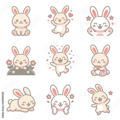 Set of Cute Kawaii Rabbit Characters in Various Poses and Expressions.