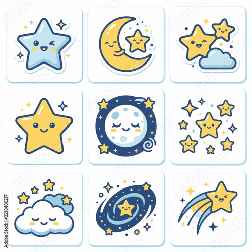 Set of cute kawaii space and celestial objects with smiling faces.